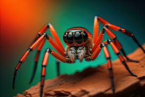 saltando araña de cerca en sólido color fondo, espacio de copia. ai generativo foto