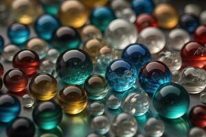 Colorful glass marbles on a the table. Selective focus. ai generative photo