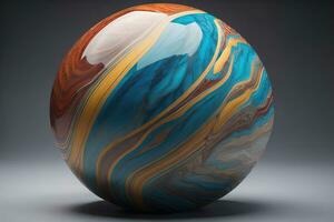 Colorful marble ball on a solid colour background. Close-up. ai generative photo