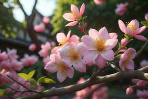 Cereza florecer sakura flor en azul cielo fondo, ai generativo foto