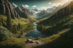 Beautiful fantasy landscape with a river in the mountains. ai generative photo