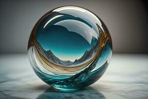 Transparent crystal ball on a wooden table. ai generative photo