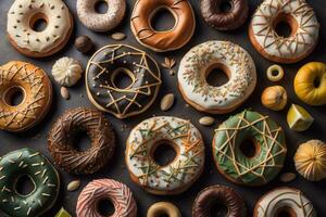 Variety of donuts on a solid color background. Top view. ai generative photo