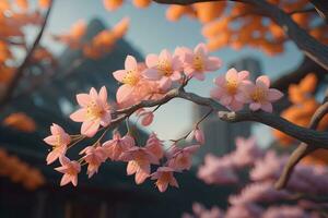 cherry blossom sakura flower on blue sky background, ai generative photo