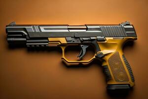 Semi-automatic handgun on a solid color background. Close-up. ai generative photo