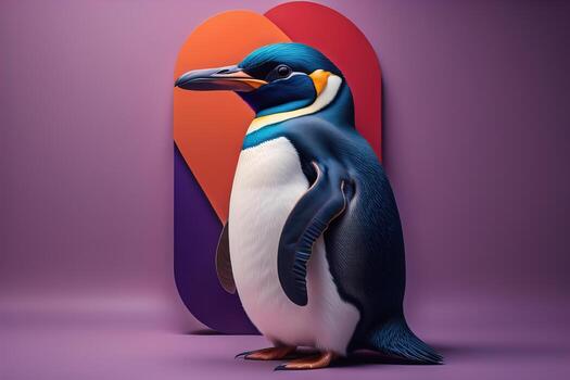 Cute penguin standing in front of solid color background. ai generative photo