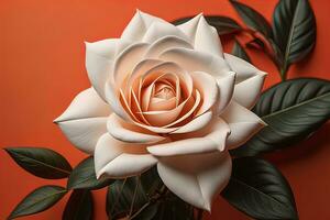 White rose with green leaves on a solid color background, top view. ai generative photo