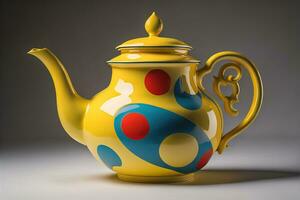 A ceramic teapot on a colid color background. ai generative photo