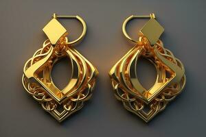 Earrings made of gold on a solid color background close up. ai generative photo