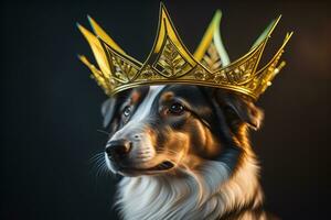 retrato de un linda perro en un dorado corona en un sólido color antecedentes. ai generativo foto