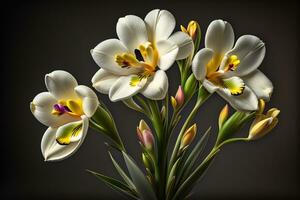 ramo de flores de azafrán y tulipanes en sólido color antecedentes. ai generativo foto