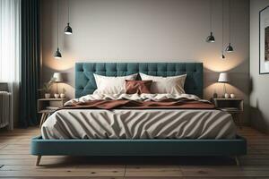 Modern bedroom interior design with gray walls, wooden floor, comfortable king size bed with two pillows. ai generative photo