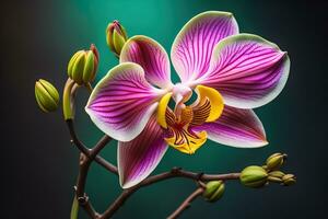 Close up of beautiful orchid flower on dark background, studio shot. ai generative photo