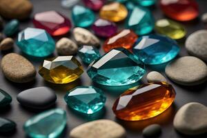 Colorful gemstones on black wooden table, close-up. ai generative photo