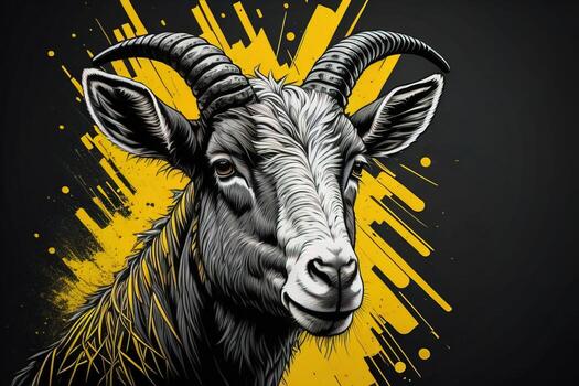 Head of a goat with big horns. ai generative photo