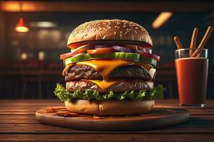 Big tasty hamburger on wooden table. ai generative photo