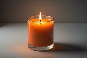 Burning aroma candle on wooden table against solid color background, copyspace. ai generative photo