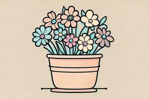 Illustration of a flowerpot with pink and blue flowers on a gray background. ai generative photo