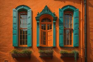 Colorful windows of a typical house in the city, ai generative photo