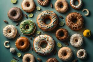 Variety of donuts on a solid color background. Top view. ai generative photo