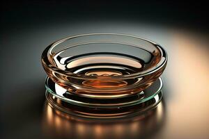 Empty glossy transparent ashtray on a dark background. ai generative photo