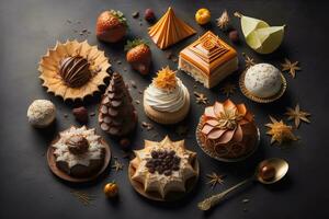 Homemade cakes on a solid colors background, top view. ai generative photo