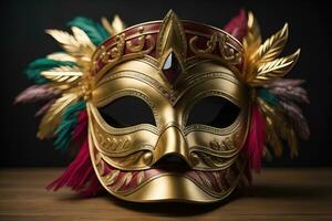 Venetian carnival mask with golden ornament on a solid color background. ai generative photo