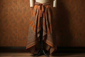 Young woman in traditional thai costume standing on the floor against solid color background. ai generative photo