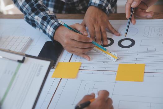 Construction and structure concept of Engineer or architect meeting for project working with partner and engineering tools on model building and blueprint in working site, contract for both companies. photo