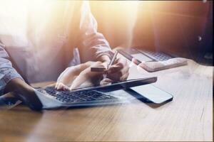 Document Businessman working modern computer Document Management System , Virtual online documentation database and process automation to efficiently manage files, photo
