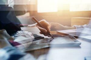 Document Businessman working modern computer Document Management System , Virtual online documentation database and process automation to efficiently manage files, photo