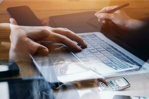 Document Businessman working modern computer Document Management System , Virtual online documentation database and process automation to efficiently manage files, photo