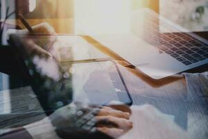 Document Businessman working modern computer Document Management System , Virtual online documentation database and process automation to efficiently manage files, photo
