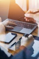 Document Businessman working modern computer Document Management System , Virtual online documentation database and process automation to efficiently manage files, photo