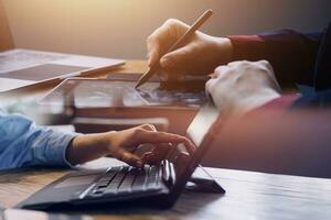 Document Businessman working modern computer Document Management System Virtual online documentation database and process automation to efficiently manage files, photo