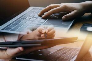 Document Businessman working modern computer Document Management System Virtual online documentation database and process automation to efficiently manage files, photo