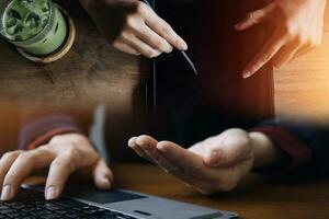 Document Businessman working modern computer Document Management System Virtual online documentation database and process automation to efficiently manage files, photo