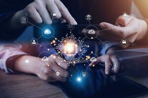 Digital transformation technology strategy, IoT, internet of things. transformation of ideas and the adoption of technology in business in the digital age, enhancing global business capabilities. Ai photo