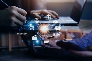 futuristic digital processing of biometric identification fingerprint scanner for access personal financial data. surveillance and security scanning of digital programs cyber futuristic applications photo