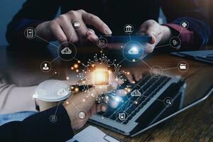 Digital transformation technology strategy, IoT, internet of things. transformation of ideas and the adoption of technology in business in the digital age, enhancing global business capabilities. Ai photo