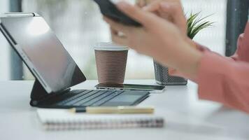 Financial analysts analyze business financial reports on a digital tablet planning investment project during a discussion at a meeting of corporate showing the results of their successful teamwork. video