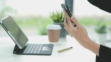 Financial analysts analyze business financial reports on a digital tablet planning investment project during a discussion at a meeting of corporate showing the results of their successful teamwork. video