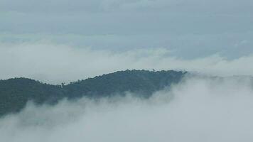 Mountain range with visible silhouettes through the morning blue fog. video