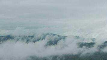 montaña rango con visible siluetas mediante el Mañana azul niebla. video