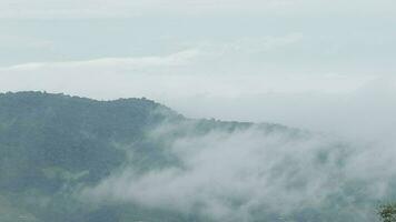 montagna gamma con visibile sagome attraverso il mattina blu nebbia. video