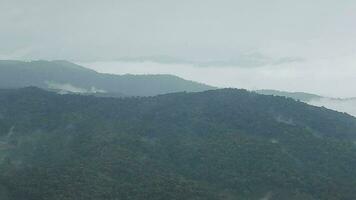 berg räckvidd med synlig silhuetter genom de morgon- blå dimma. video