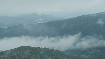 Berg Angebot mit sichtbar Silhouetten durch das Morgen Blau Nebel. video