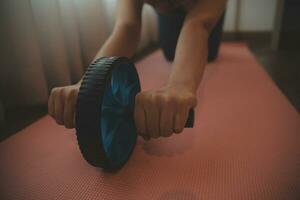 Close up image of attractive fit woman in gym photo