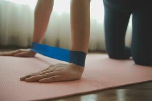 Close up image of attractive fit woman in gym photo