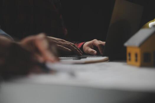 Engineer Teamwork Meeting, Drawing working on blueprint meeting for project working with partner on model building and engineering tools in working site, Construction and structure concept. photo